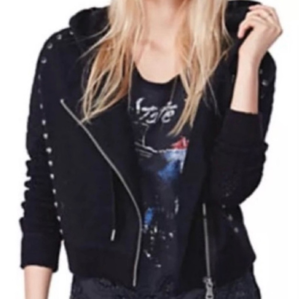 Free‎ People MOTO Black Studded Hoodie Jacket With Zipper Size Small